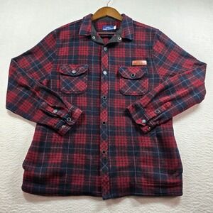 Simply Southern Mens Red Navy Blue Plaid Fleece Snap Front Shirt Jacket Size M